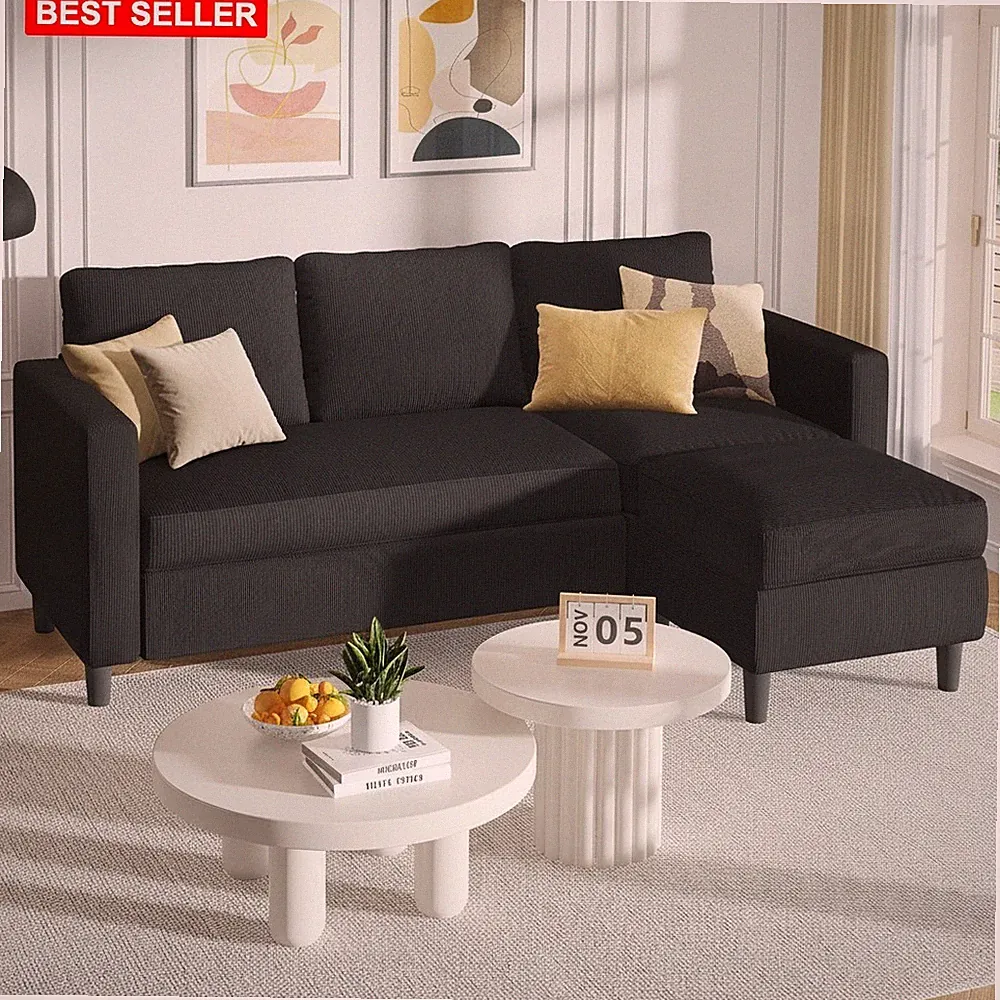 Sectional Sofa Modern Upholstered L-Shaped Couch with Removable Ottoman Black