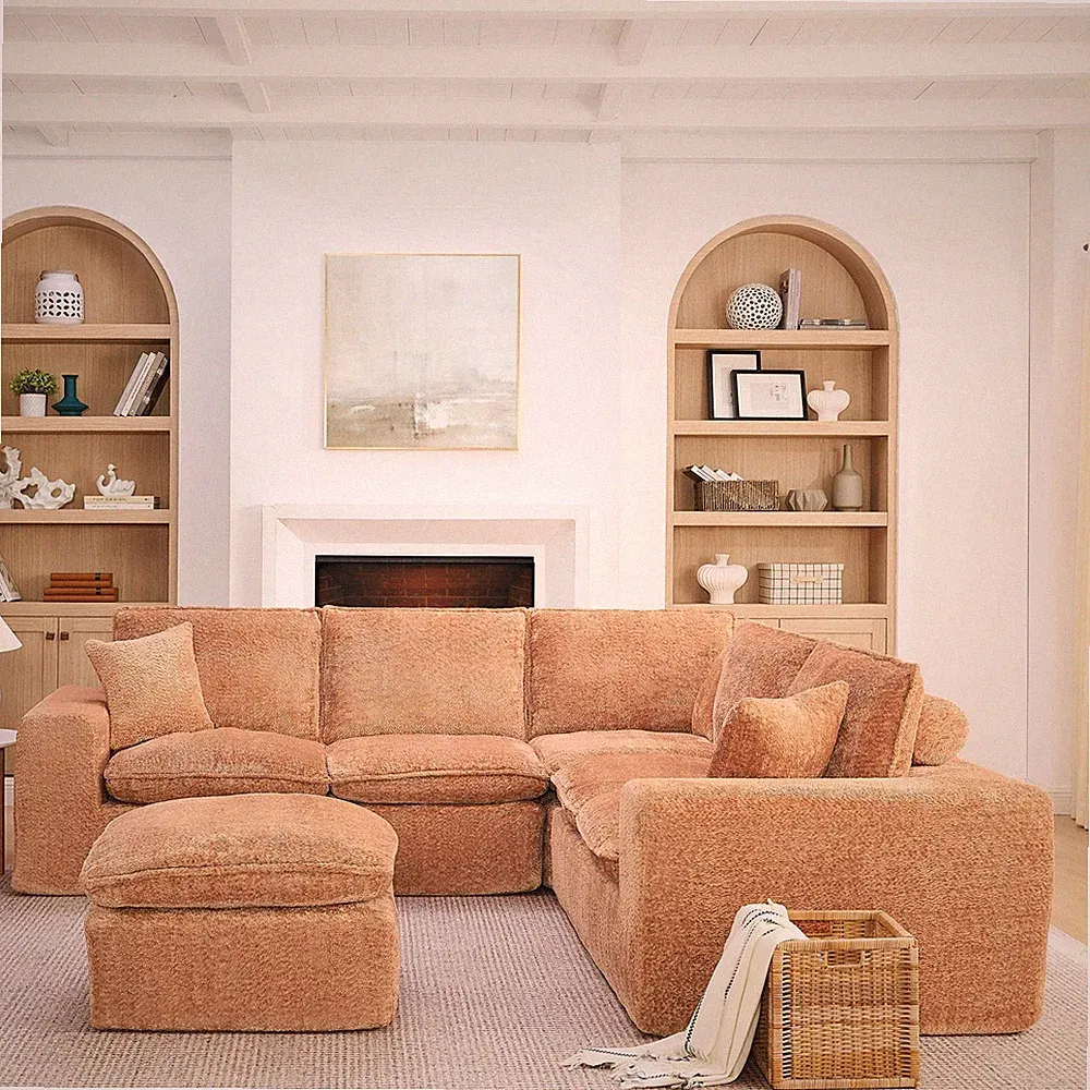 Sectional Sofa Modular Boucle Orange 6 Seat Ottoman 107 In No Assembly