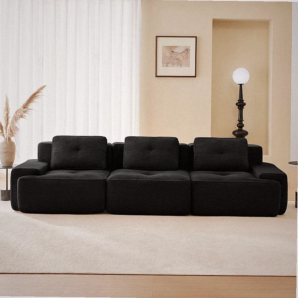 Sectional Sofa Modular Corduroy Black 3 Seat Tufted No Assembly