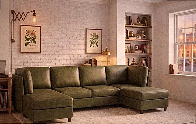 Sectional Sofa Modular Faux Leather Olive 6 Seat 124 In