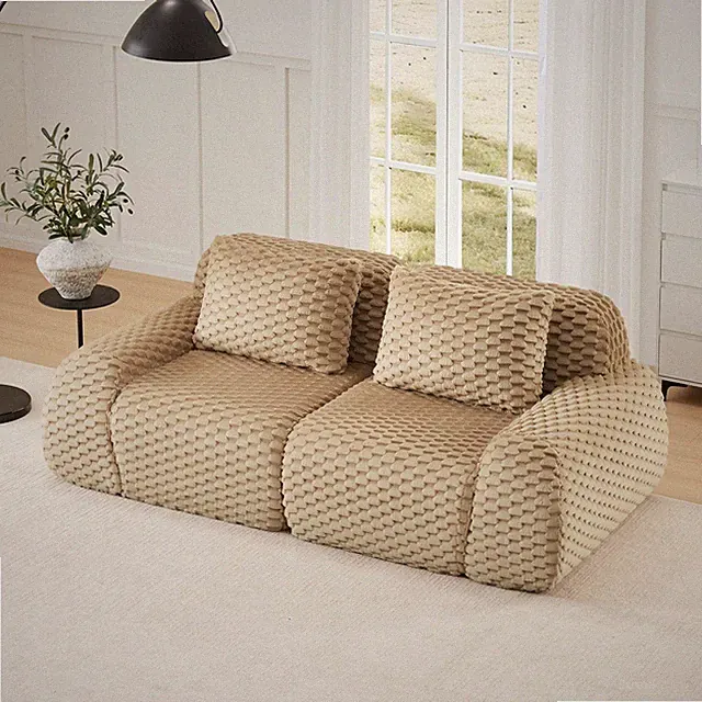 Sectional Sofa Modular Flannelette Camel 2 Seat Curved Footrest