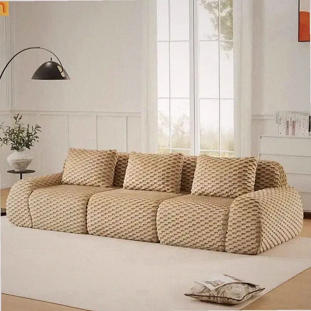Sectional Sofa Modular Flannelette Light Camel 3 Seat Curved Footrest