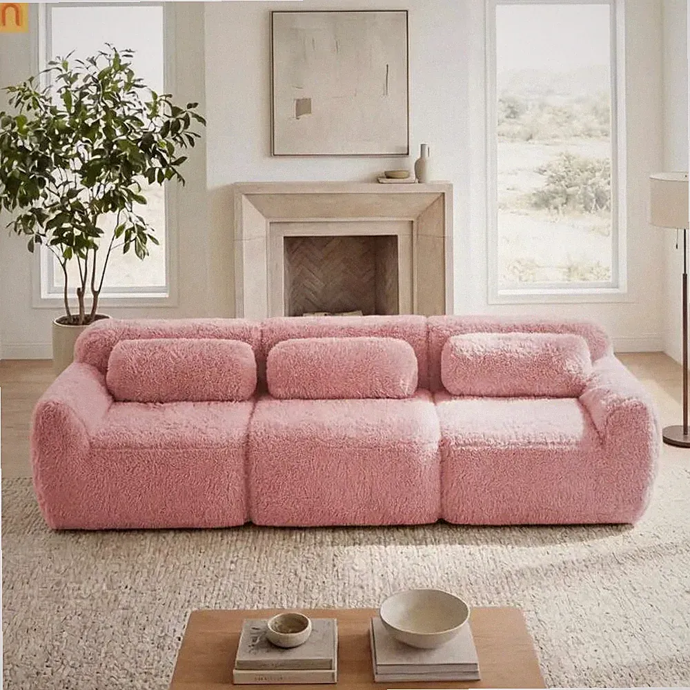 Sectional Sofa Modular Plush Pink 3 Seat Non-Slip 114 In