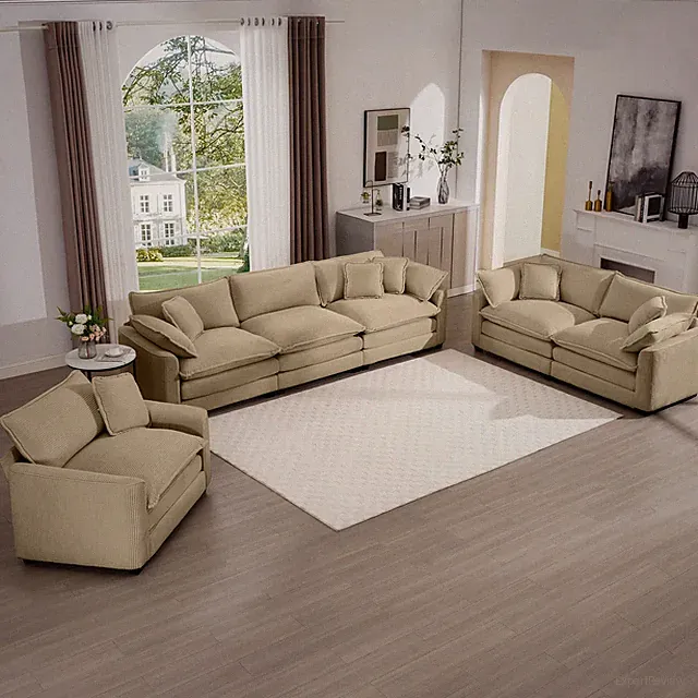 Sectional Sofa Oversized Comfortable 3 Piece, One Single, 2 Seater Sofas, Tan