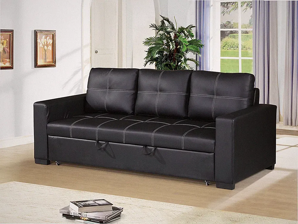 Sectional Sofa Pull out Bed Living Room Couch Black Faux Leather Tufted Converti
