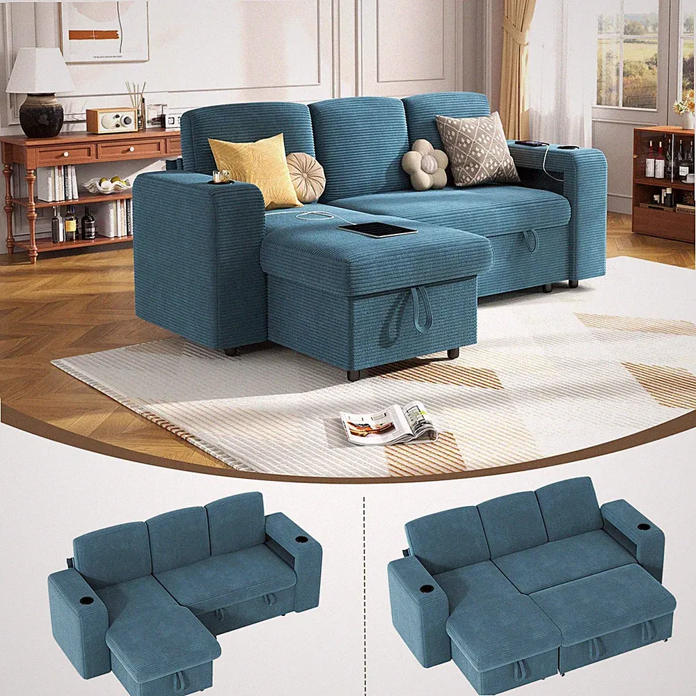 Sectional Sofa Pull Out Bed Storage Chaise USB Charger Reclining Corduroy Blue