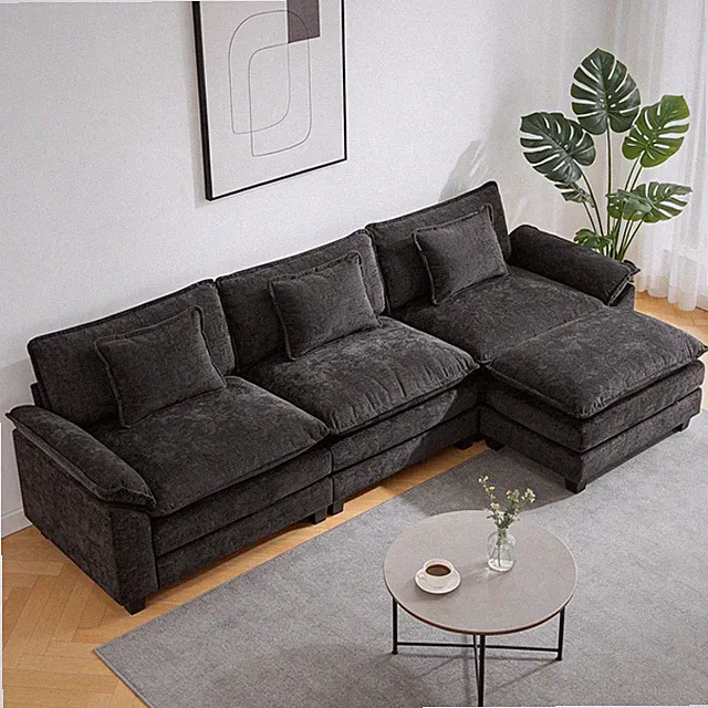 Sectional Sofa Set Modern 3-Seat Sofa Couch with Ottoman&Pillow for Living Room