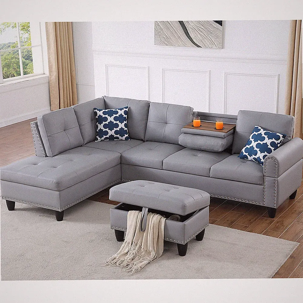 Sectional Sofa Set w/ Storage Ottoman L-Shaped Living Room Faux Leather Couch
