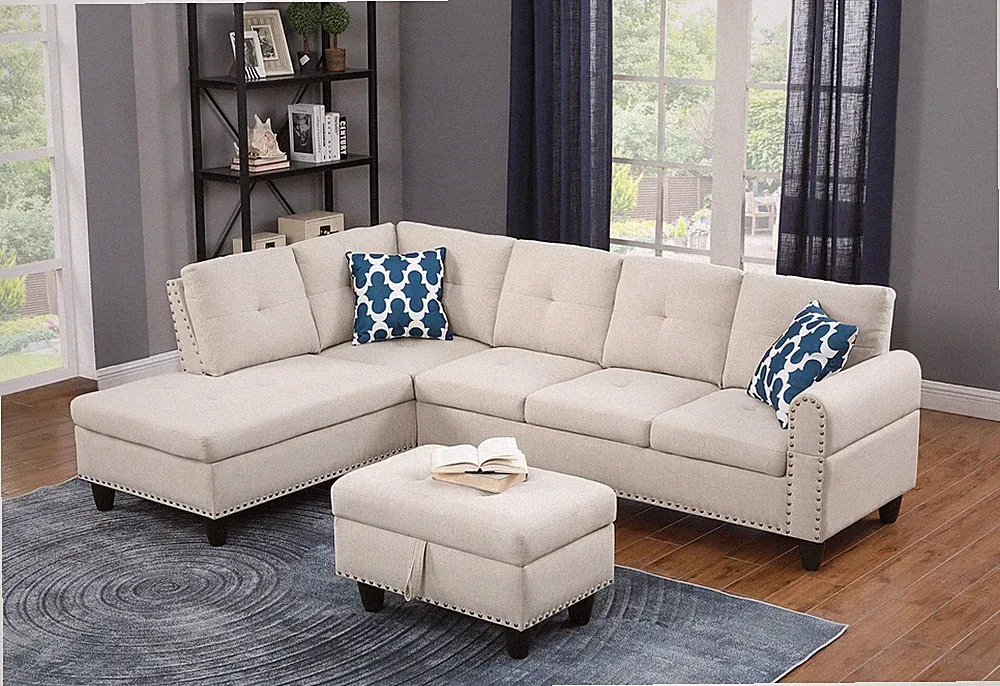 Sectional Sofa Set w/ Storage Ottoman L-Shaped Living Room Linen Couch Beige