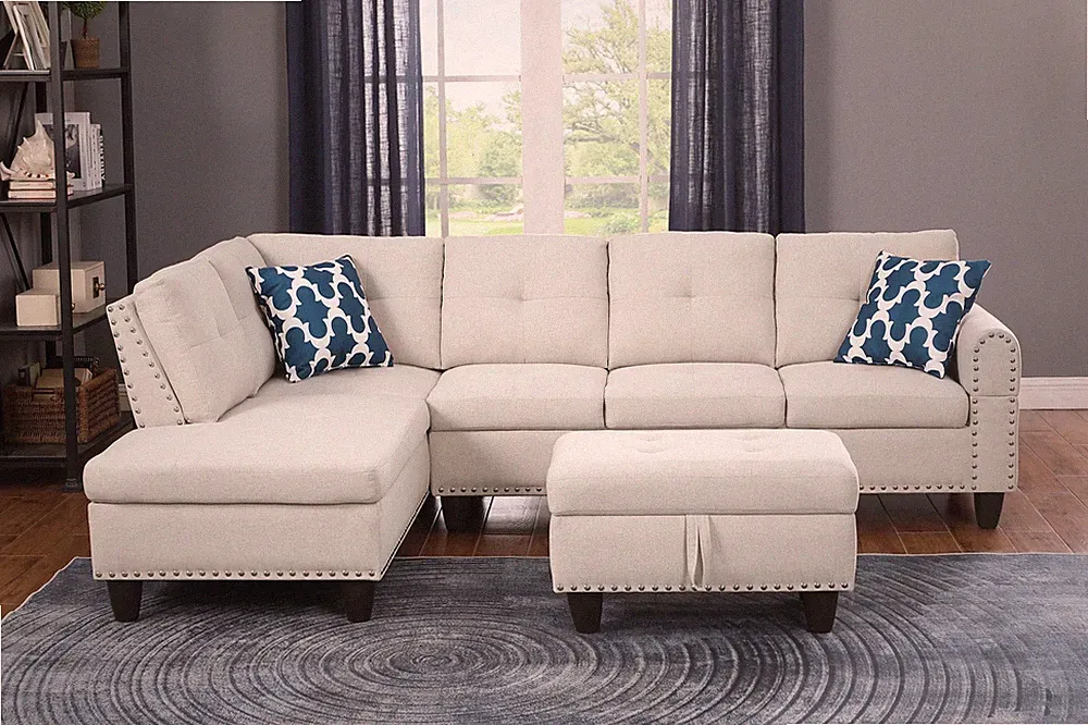 Sectional Sofa Set w/ Storage Ottoman L-Shaped Living Room Linen Couch Beige