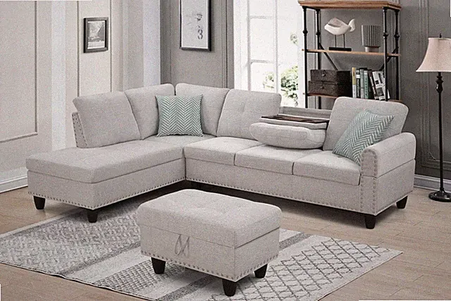 Sectional Sofa Set w/ Storage Ottoman Modern L-Shaped Living Room Linen Couch