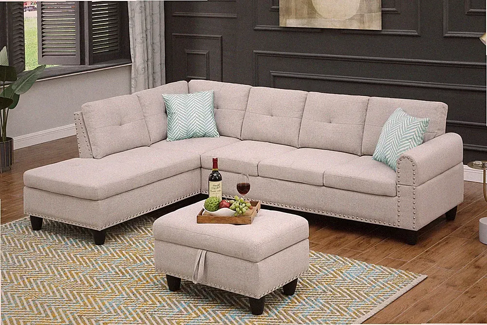 Sectional Sofa Set w/ Storage Ottoman Modern L-Shaped Living Room Linen Couch