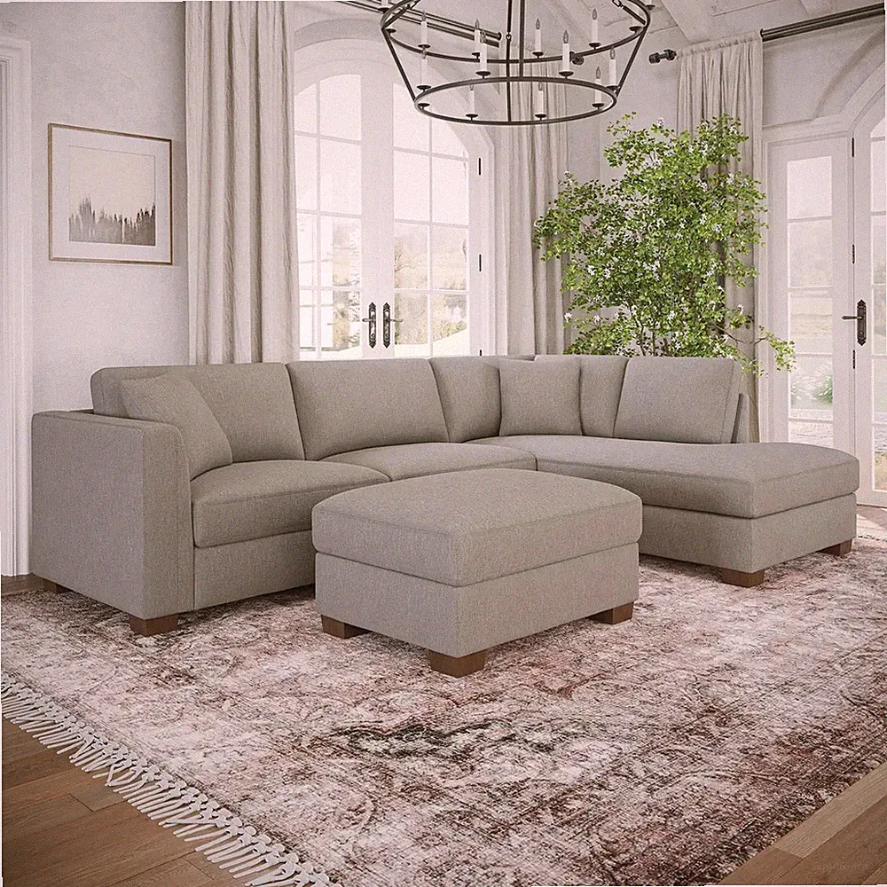 Sectional Sofa + Storage Ottoman + Chaise Track Arms Soft Fabric LIGHT TAN