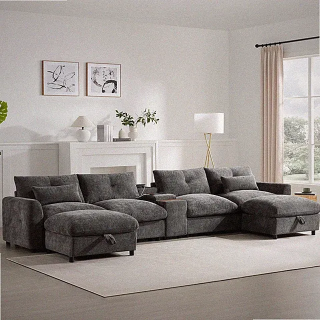 Sectional Sofa U-Shape Chenille Gray 6 Seat USB Console 136 In