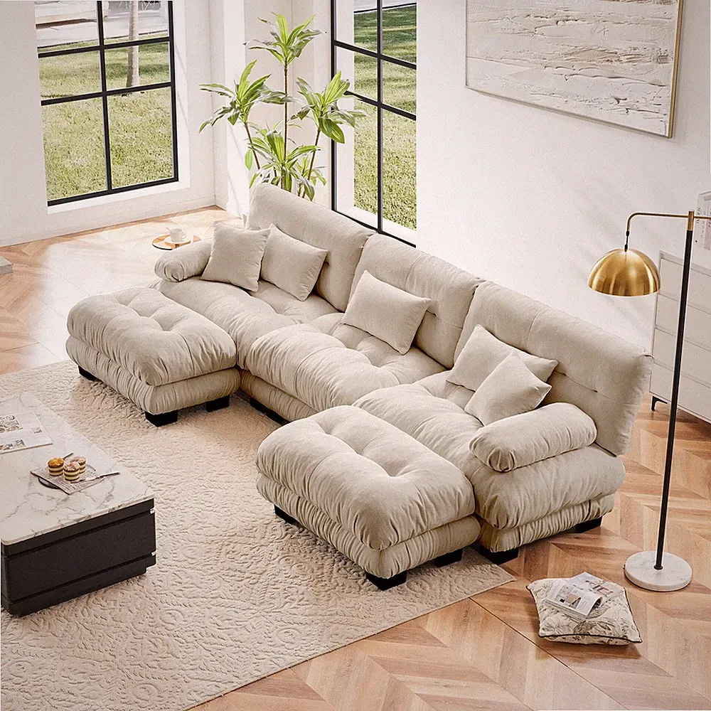 Sectional Sofa U-Shape Chenille Light Coffee 3 Seat 2 Ottomans