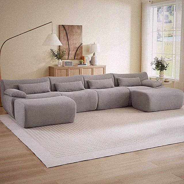 Sectional Sofa U-Shape Convertible Corduroy Gray 6 Seat Ottoman