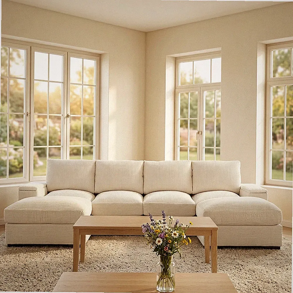Sectional Sofa U-Shape Corduroy Beige 4 Seat 122 In 2 Ottomans