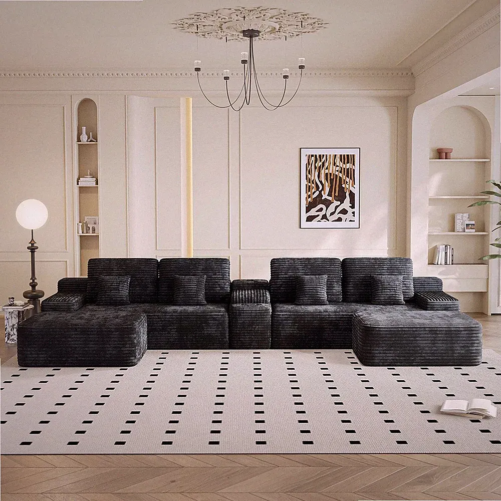 Sectional Sofa U-Shape Corduroy Black 6 Seat USB Bluetooth 150 In