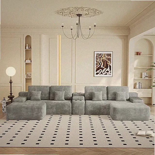 Sectional Sofa U-Shape Corduroy Light Gray 6 Seat USB Bluetooth 150 In