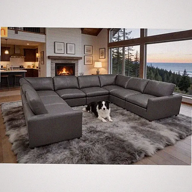 Sectional Sofa U-Shape Leather Match Blue Gray 8-Seat 152in