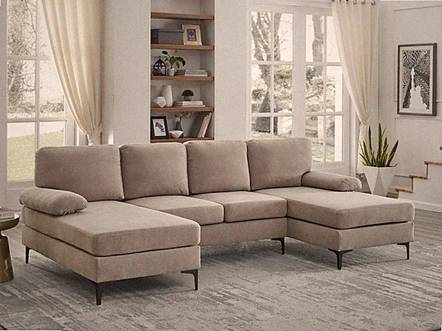 Sectional Sofa U-Shape Polyester Blend Khaki 4-Seat Double Chaise 106x56 In