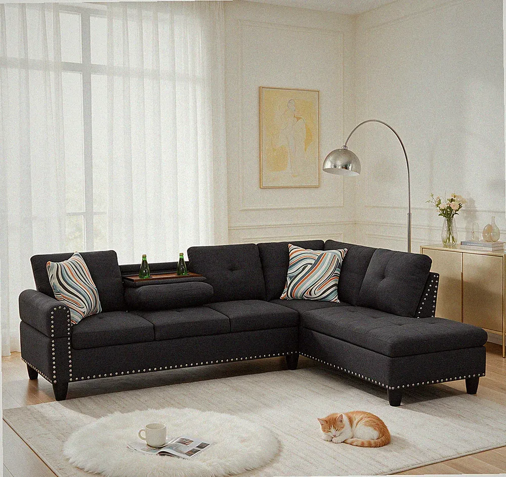 Sectional Sofa w/2 Cup Holder Side Tray,Reversible Chaise Linen 4-Seater Couch