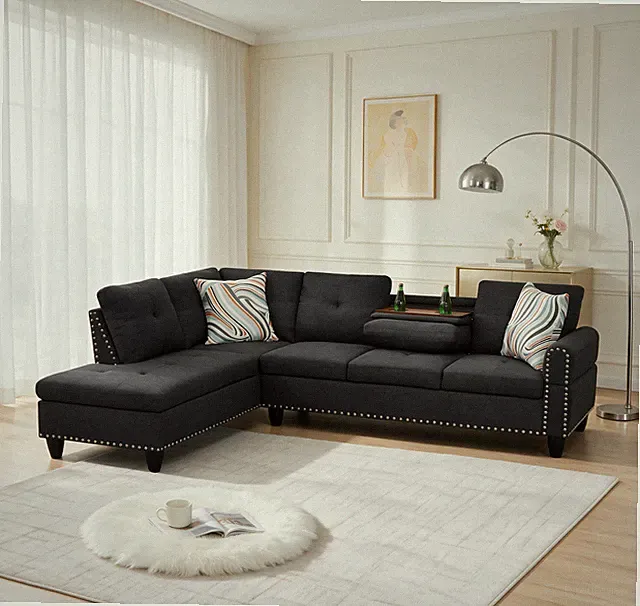 Sectional Sofa w/2 Cup Holder Side Tray,Reversible Chaise Linen 4-Seater Couch,N