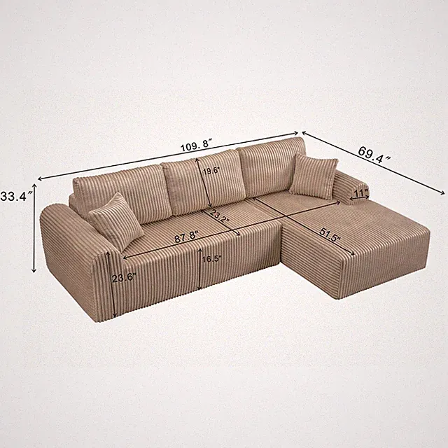 Sectional Sofa w/L-Shaped Chaise, 3 Seater Sofa Boneless Deep Seat Corner Couch