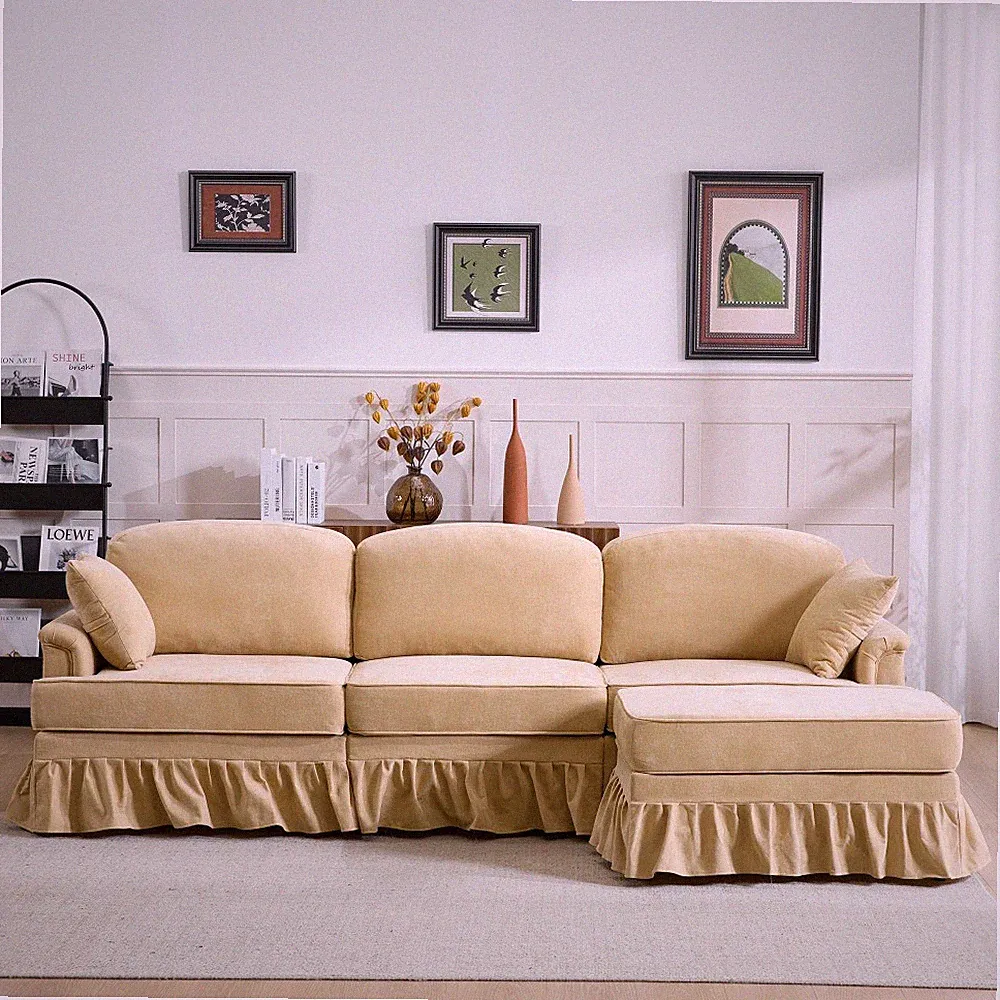 Sectional Sofa with Removable Ruffled Pleated Skirt, Chenille Cloud Sofa