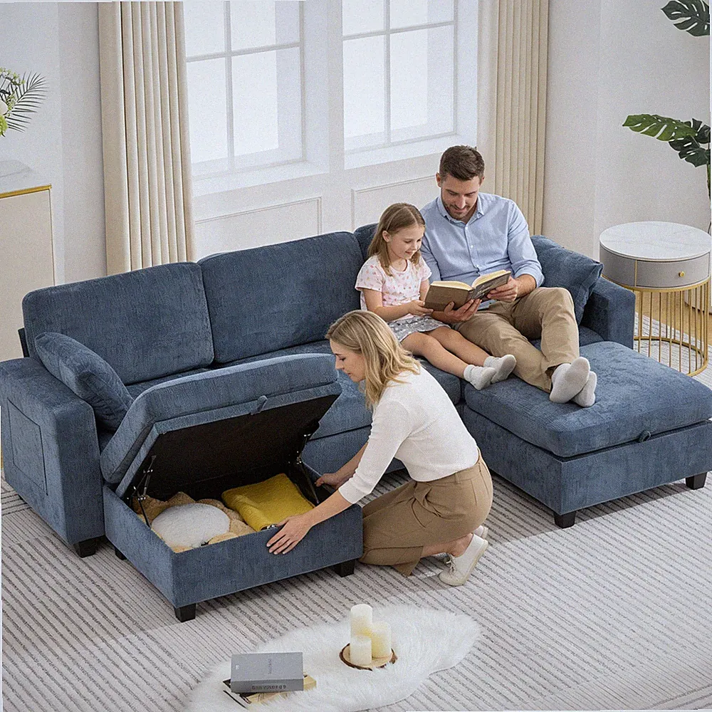 Sectional Sofa with Storage Chenille U Shaped Couch w/USB Port&2 Movable Ottoman