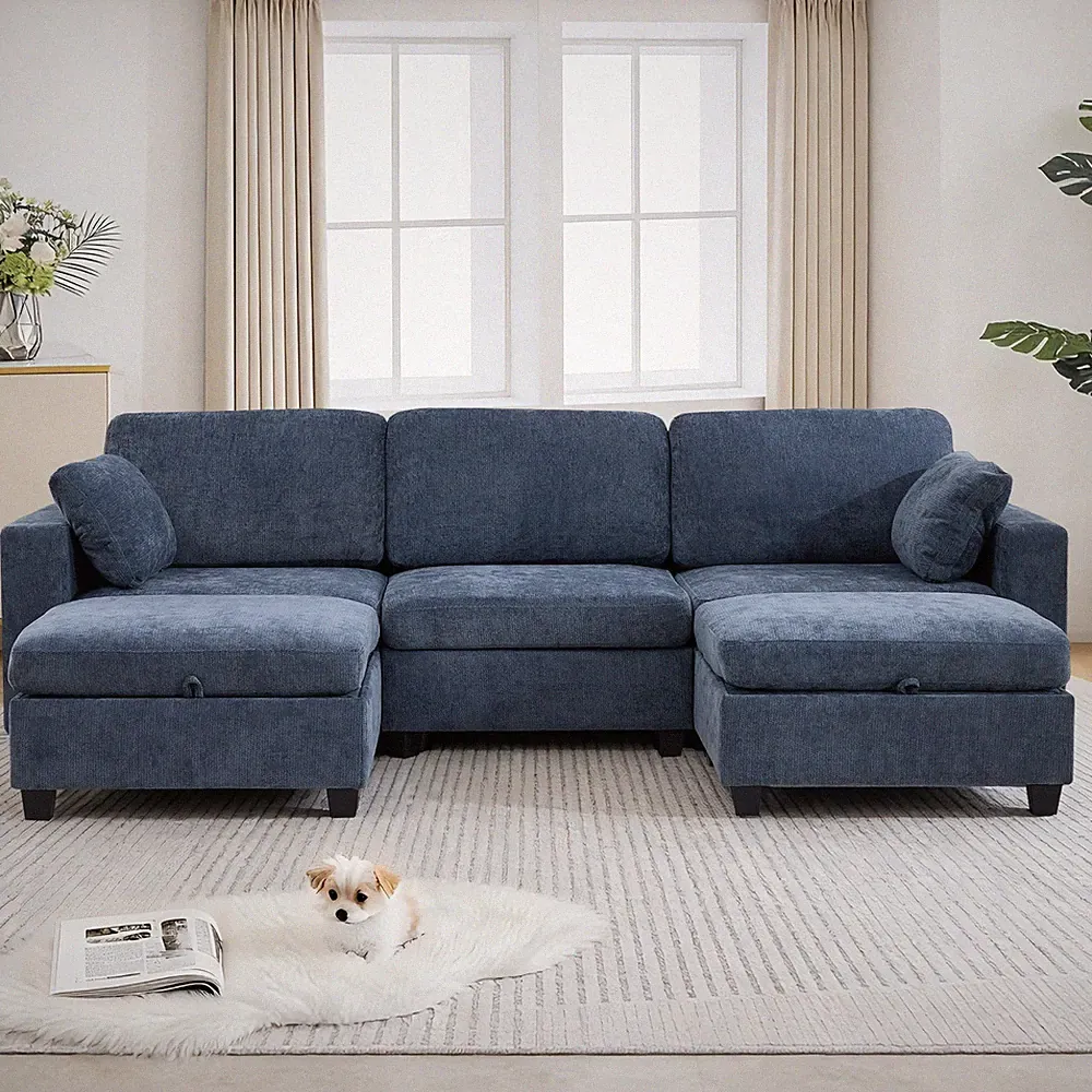 Sectional Sofa with Storage Chenille U Shaped Couch w/USB Port&2 Movable Ottoman