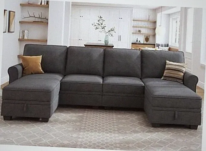 Sectional Sofa with Storage Seat U Shaped Couch with Reversible Dark Grey