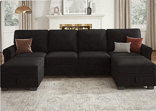 Sectional Sofa with Storage Seat Velvet U Shaped Sectional Couch with Reversible