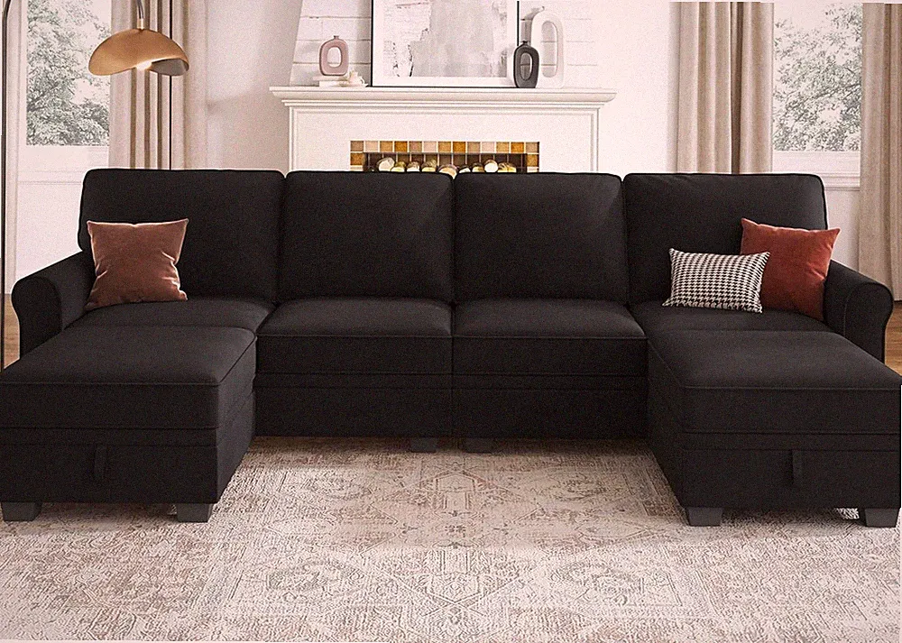 Sectional Sofa with Storage Seat Velvet U Shaped Sectional Couch with Reversible