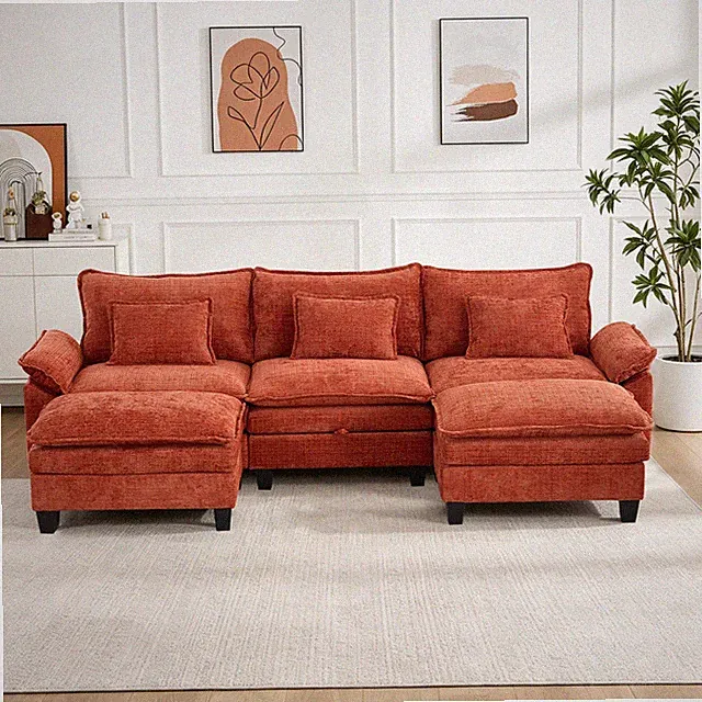 Sectional Sofa with Storage U Shaped 3 Seater Couch Set with 2 Movable Ottomans