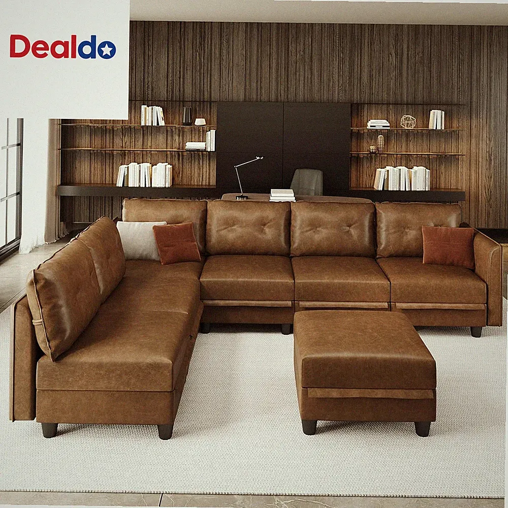 Sectional Sofa with Storage, Waterproof Brown Faux Leather, Reversible Chaise, U