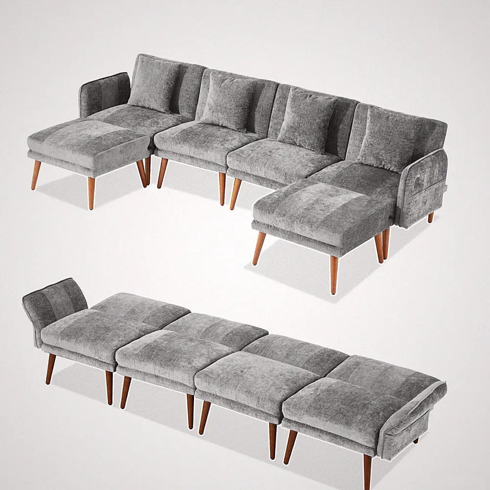 sectional sofa with USB, Chenille convertible sofa, loveseat, sofa bed-6pcs