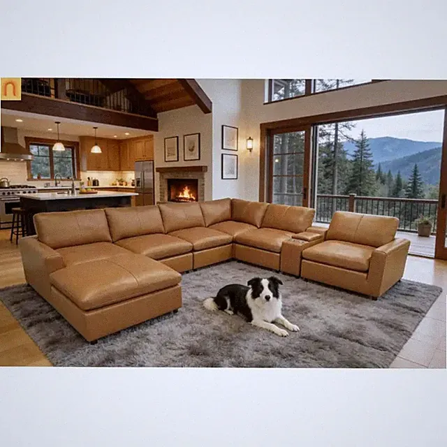 Sectional U-Shape Leather Match Ginger 7-Seat 152in Deep Cushions