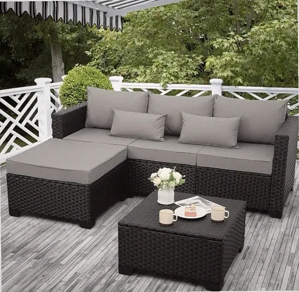 Sectional Wicker Patio Set 3-Piece Black with Gray Cushions Storage Table