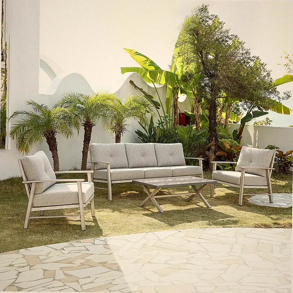 SeeHill 4 Piece Aluminum Patio Sofa Set White Oak Outdoor Sectional Couch Set