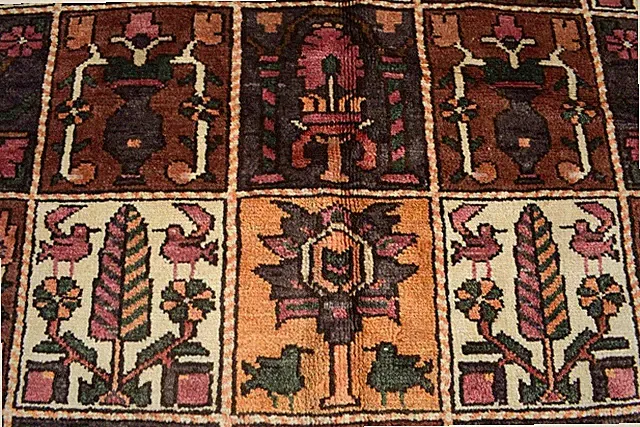 Semi Antique Vintage Geometric Animal Panel Design Handmade Wool Area Rug 7 x 10