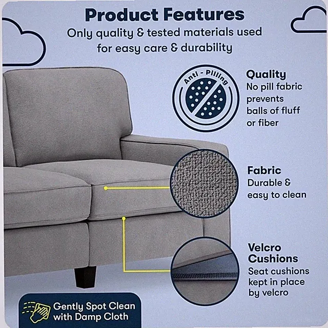 Serta Palisades 61" Track Arm Sofa Loveseat with Removable Covers Glacial Gray