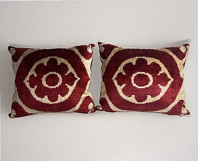 Set 2 Uzbek Ikat Silk Velvet Pillows 18x15 Handmade Medallion Floral Christmas