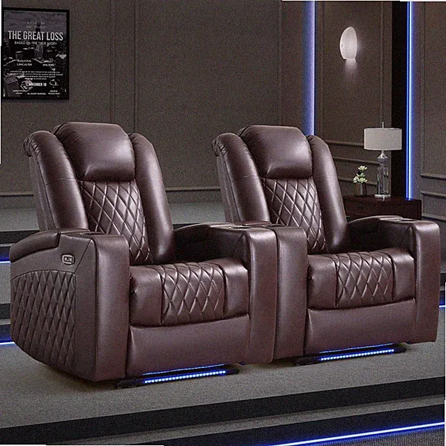 Set of 2 Brown Power Recliner Home Theater Seating USB Cup Holders LED Storage