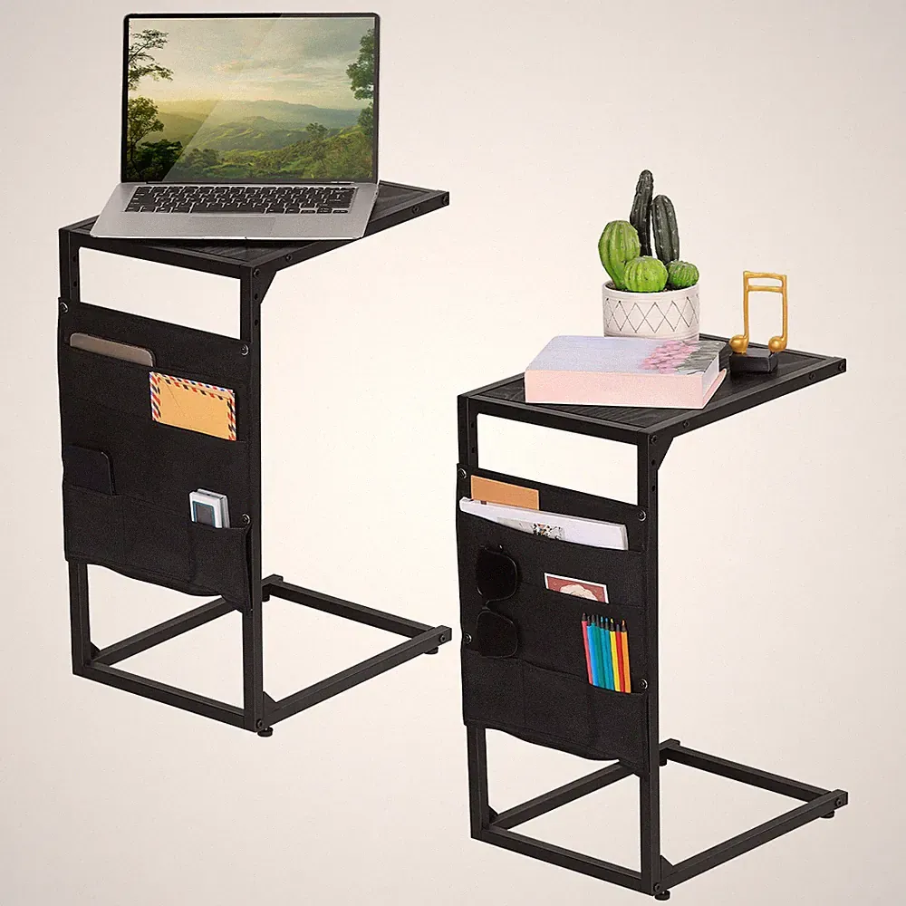 Set of 2 C Shaped End Table Side Table w/ Storage Bag for Couch Sofa Bedroom