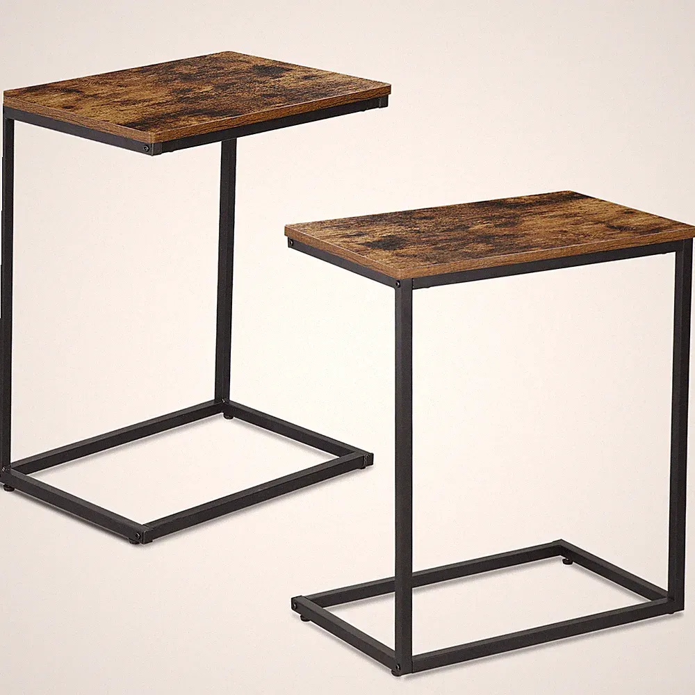 Set of 2 C Shaped End Tables Side Table w/ Metal Leg for Couch Slide Under Brown