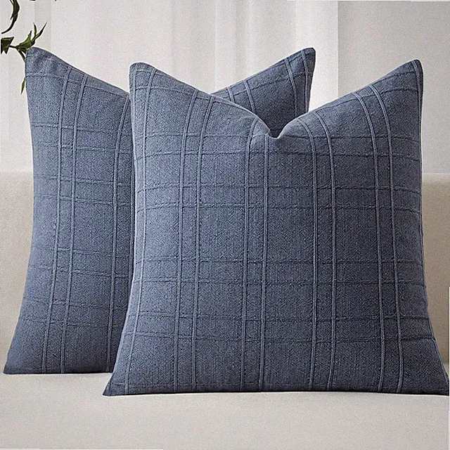 Set of 2 MIULEE Blue Linen Plaid Pillow Covers 18x18 Gingham Coastal Farmhouse