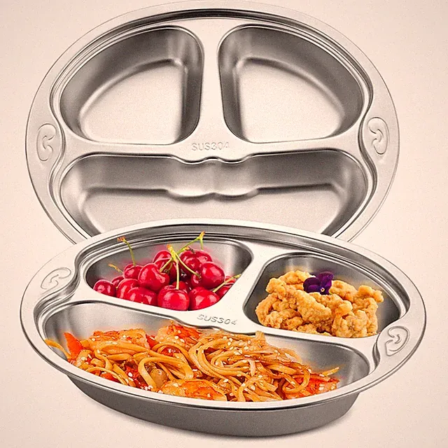 Set of 2 Stainless Steel Divided Plate, 3 Sections Portion Control Dinner Pla...