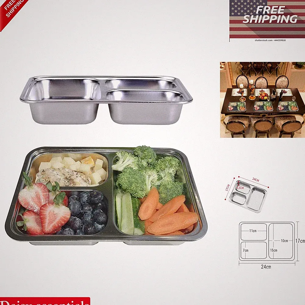 Set of 2 Stainless Steel Divided Plates 3 Sections for Adults Unbreakable Dur...