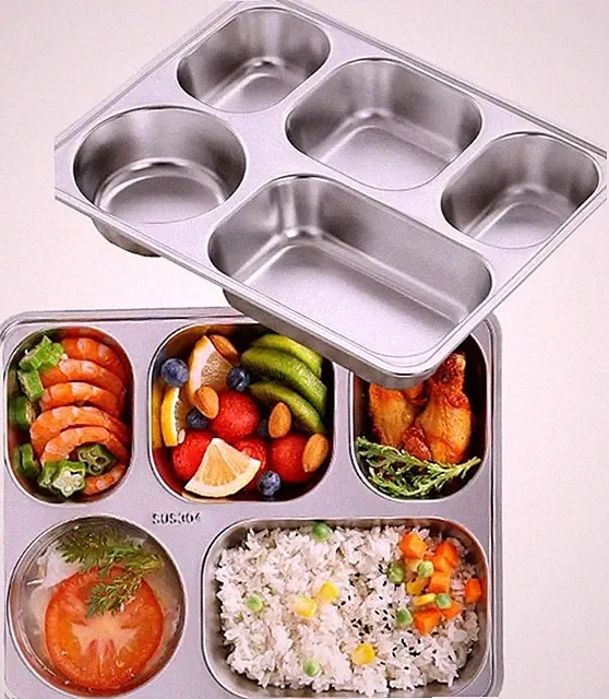 Set of 2 Stainless Steel Rectangular Divided Plates Tray 5 Sections Dinner